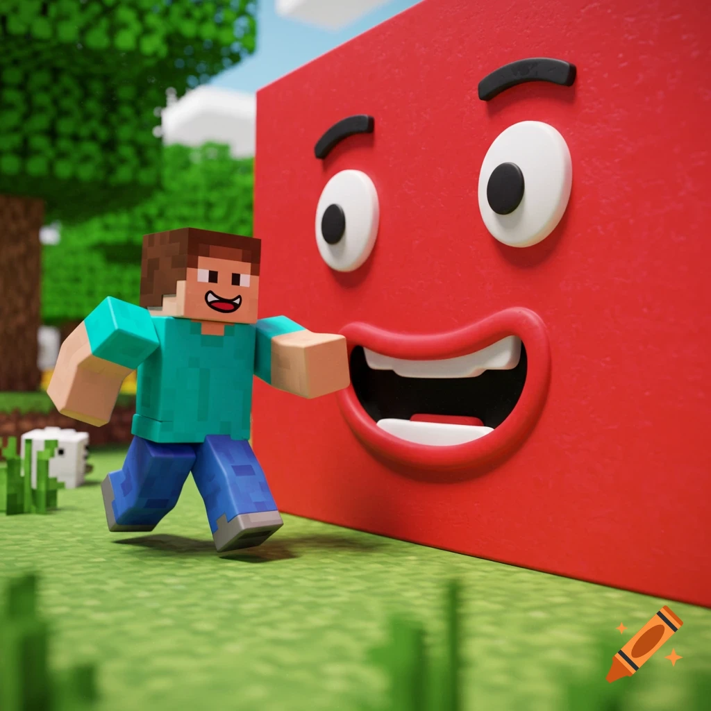 Minecraft Steve runs from a large red block with a face in a blocky landscape.