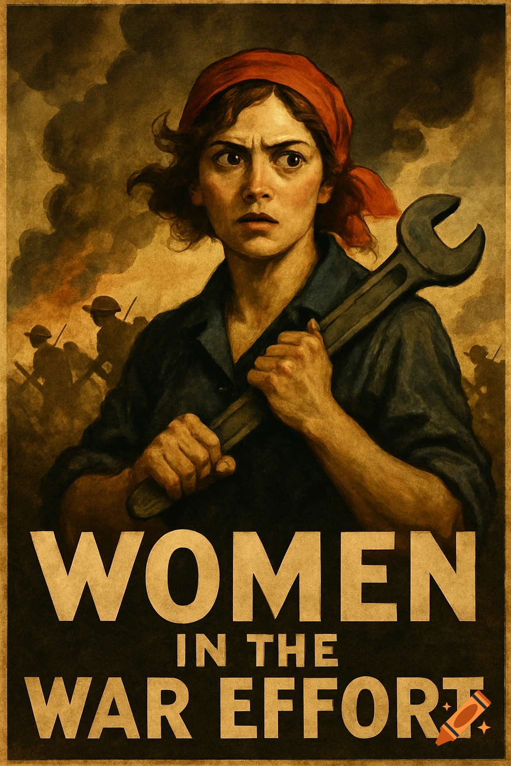 Propaganda poster of a woman holding a wrench, with text 'WOMEN IN THE WAR EFFORT'.