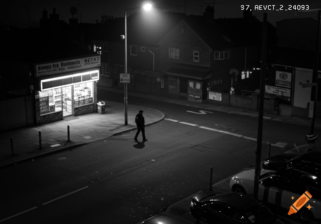 Black and white surveillance footage shows a person walking across a street at night near a shop.