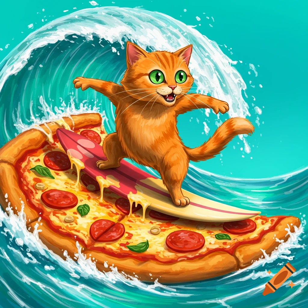 An orange cat surfs on a slice of pepperoni pizza on a wave.