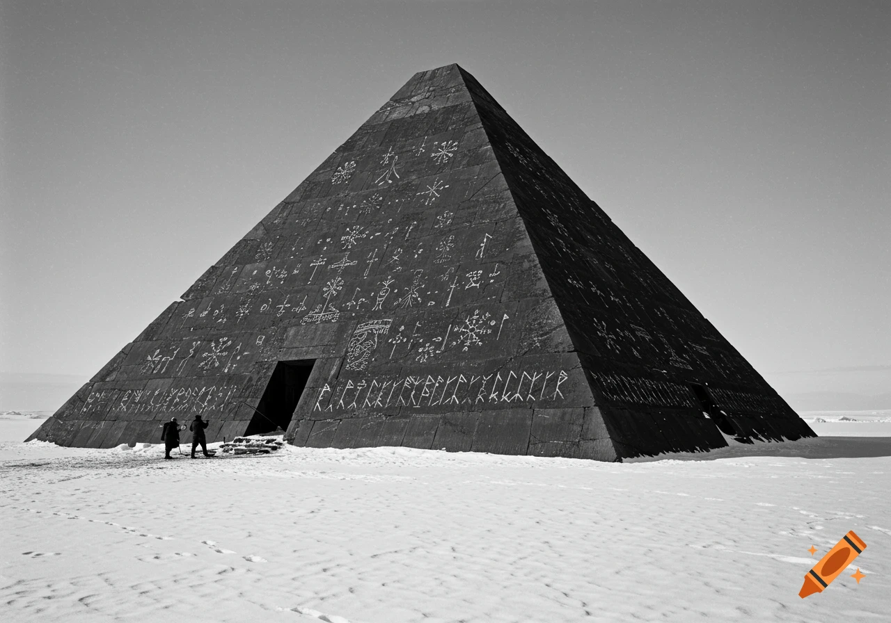 Black and white 19th century photograph of a large pyramid covered in etched symbols and runes, standing in a snowy landscape with two figures near an entrance.