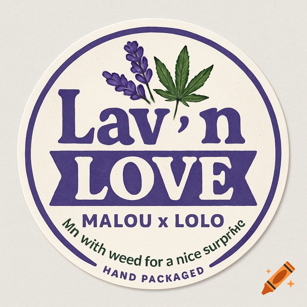 Circular sticker logo with 'Lav' n LOVE' text, lavender sprig, and cannabis leaf. Smaller text below.