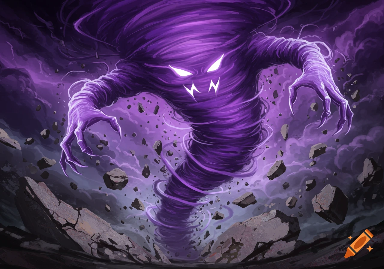 A purple tornado creature with glowing eyes and arms rises from broken ground, surrounded by floating rocks under a dark sky.