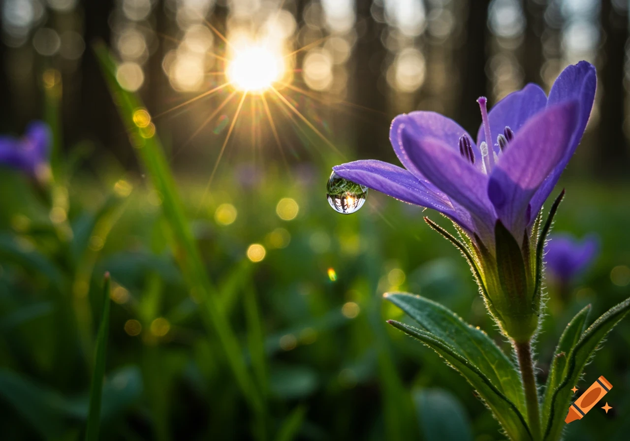 Macro photo of a dew drop on a purple flower petal reflecting a forest, with sun rays and bokeh.