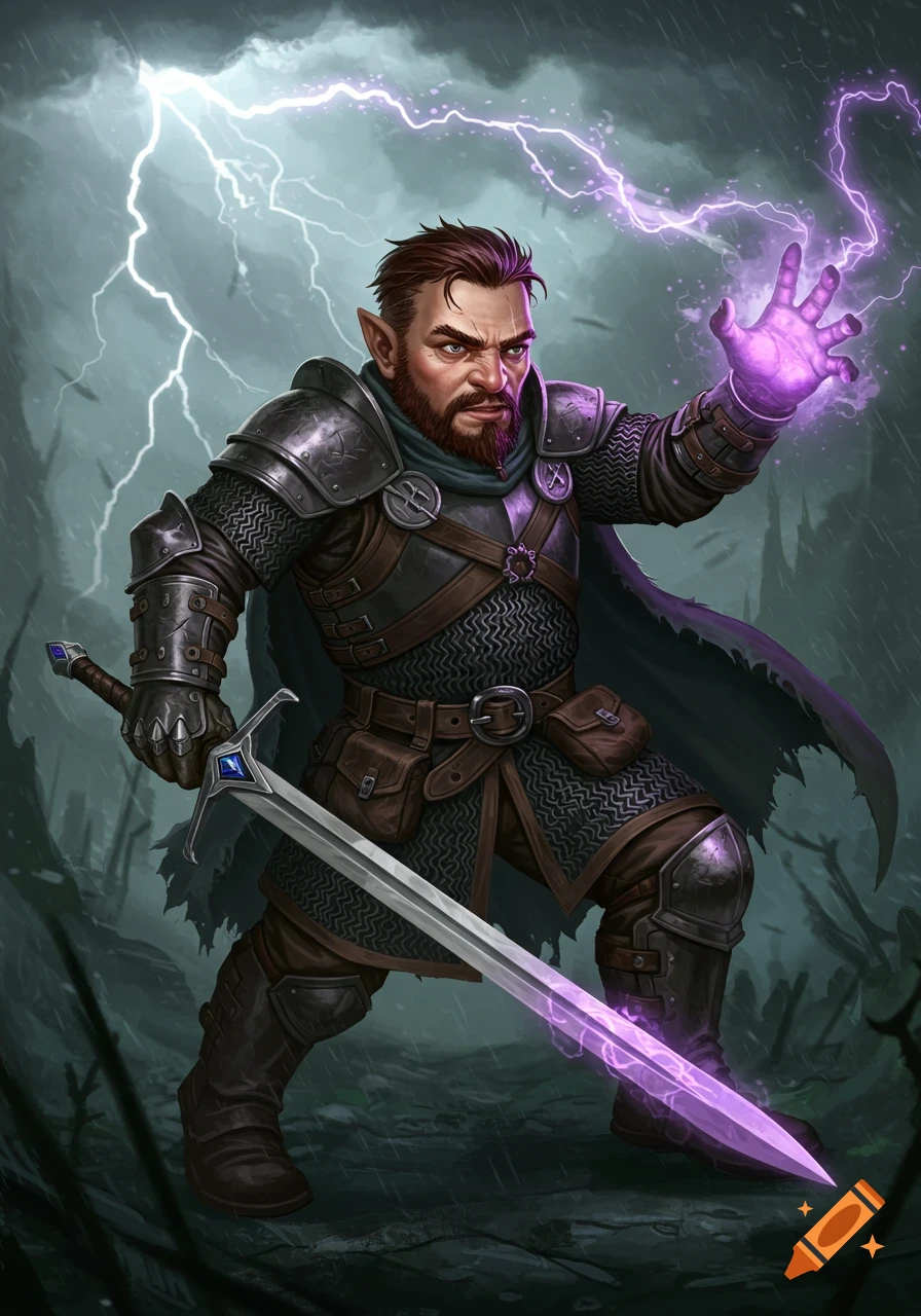 A male gnome warrior in armor casting a purple spell, holding a glowing sword in stormy weather.