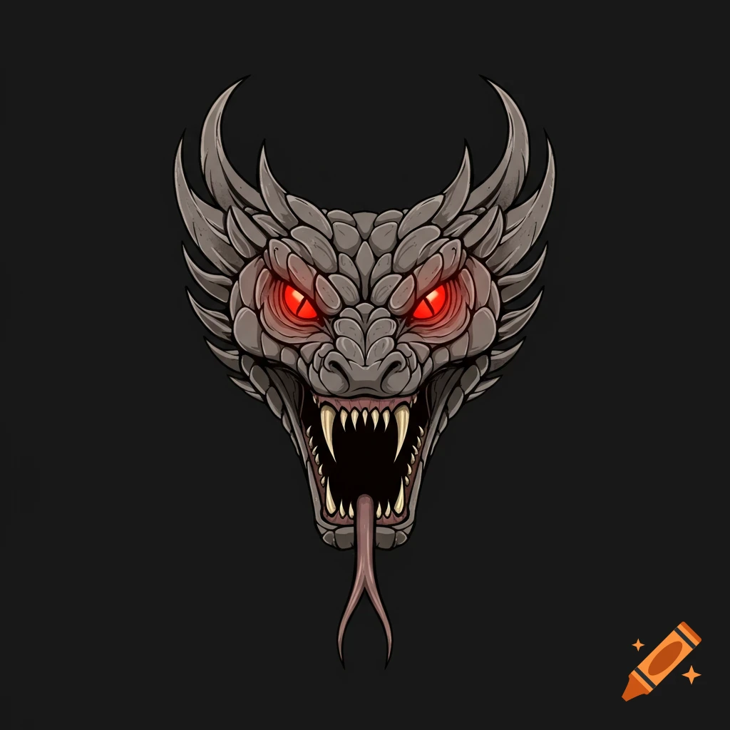 Stylized serpent head with glowing red eyes, fangs, and extended tongue in a tattoo style.