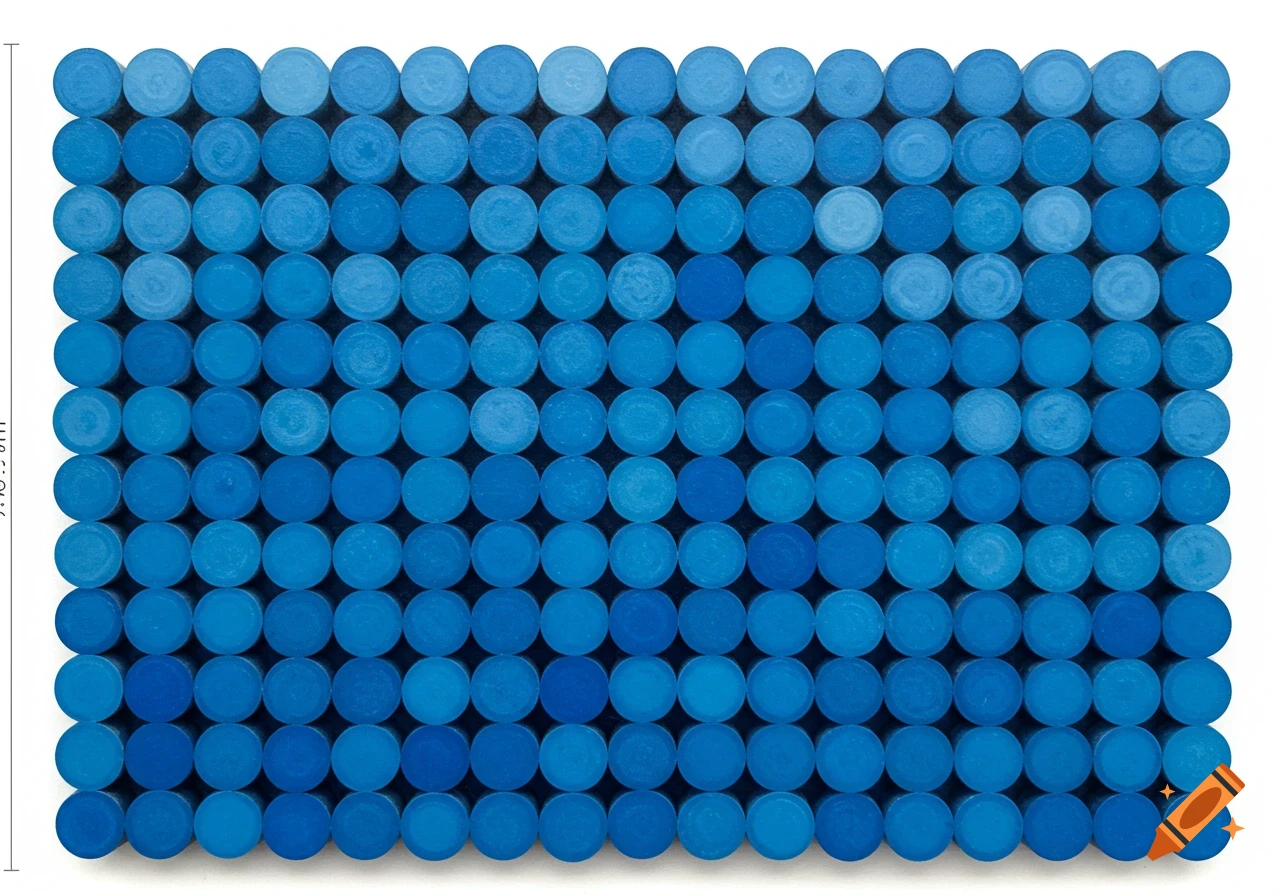 Abstract pattern of blue circles in a grid, varying shades creating a gradient. Dimensions 9cm by 20.7cm shown on the side.