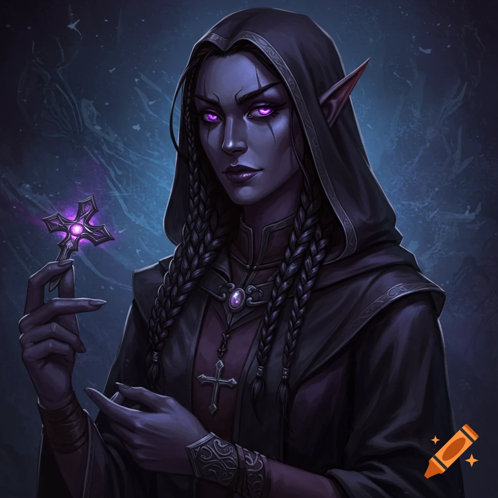 A dark elf character in a hooded cloak with glowing purple eyes, holding a glowing symbol.