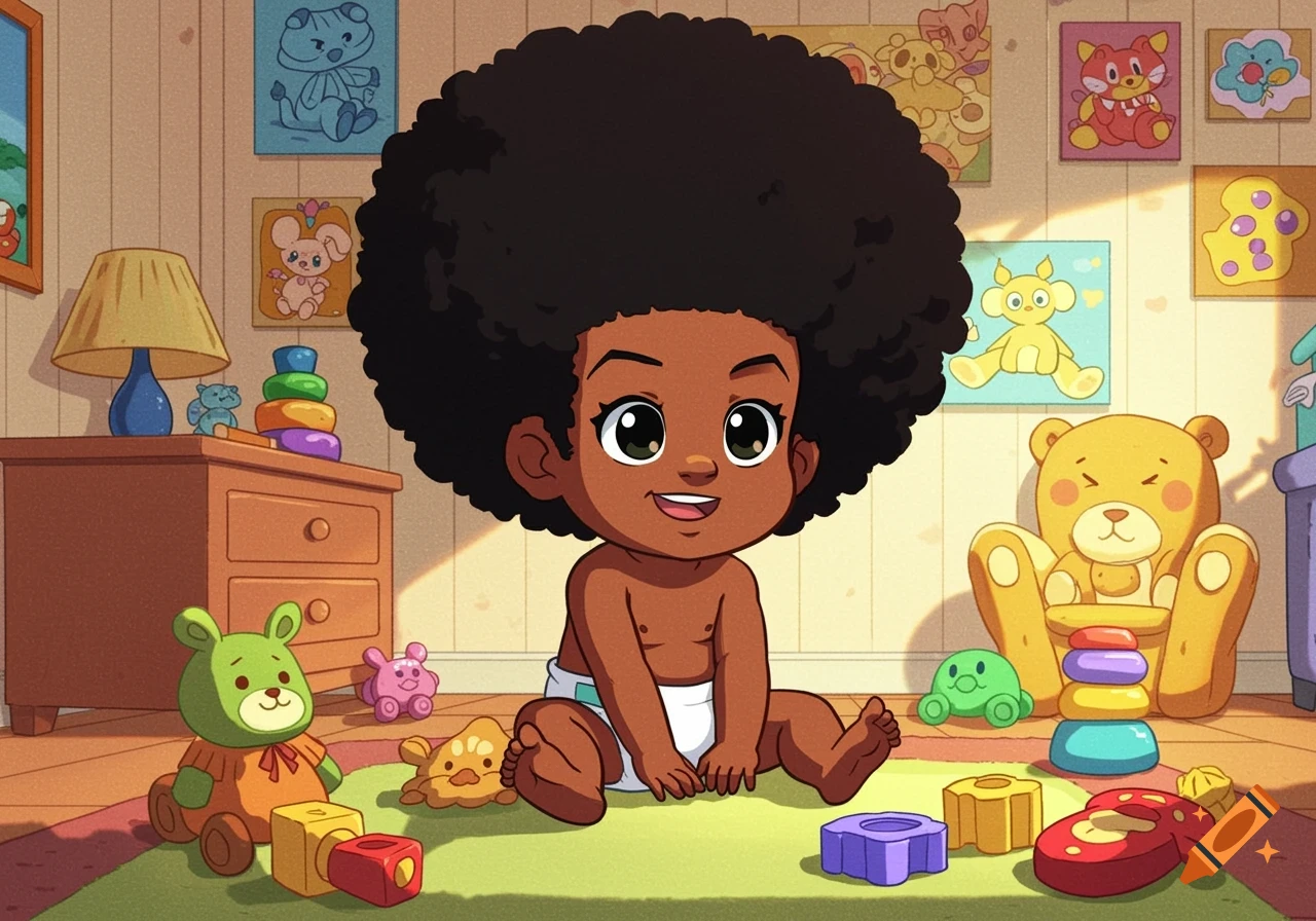 A cartoon baby with a large afro sits in a nursery surrounded by toys in an anime style.