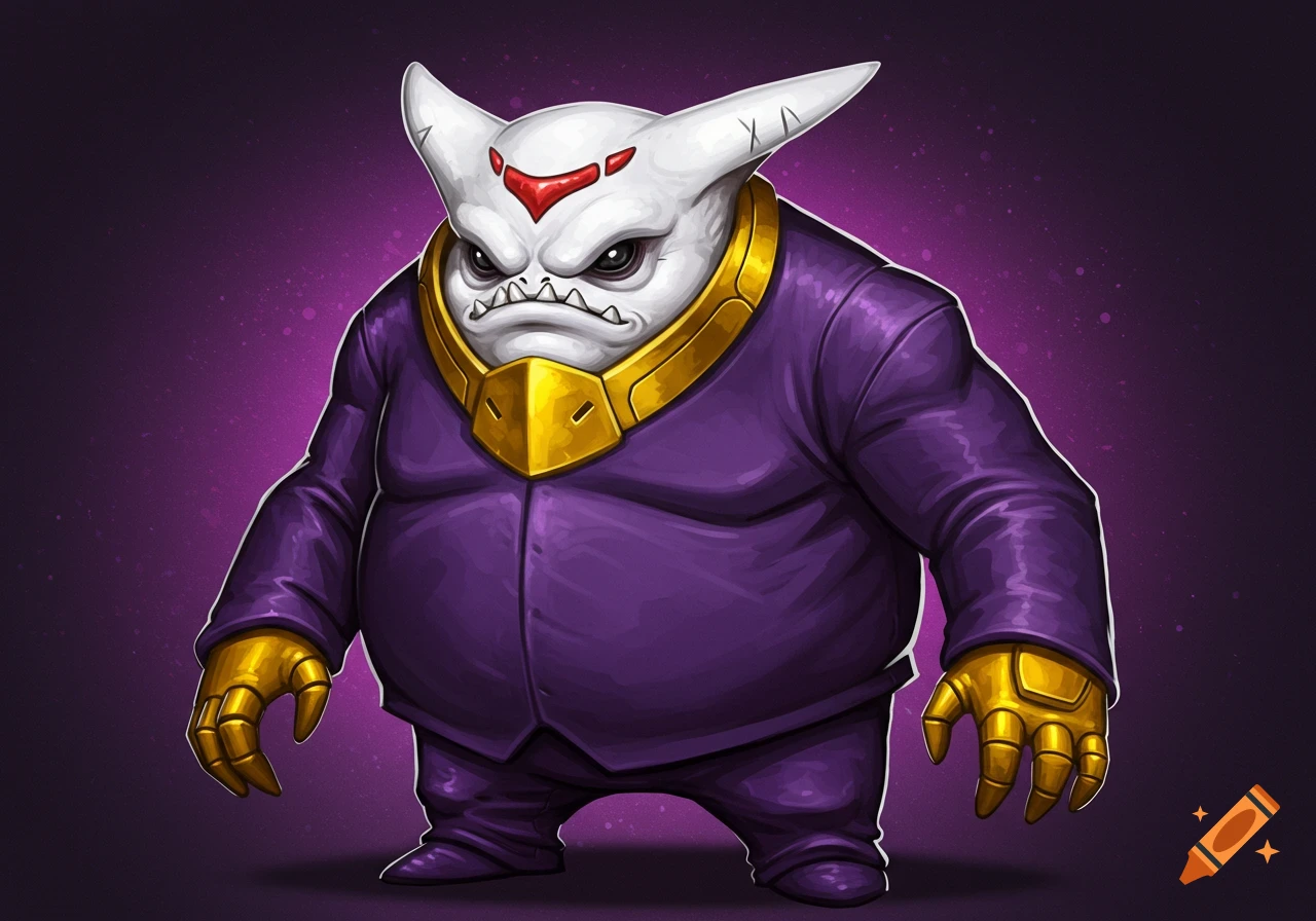 A fat alien creature with a white head, a golden collar, and a purple suit.