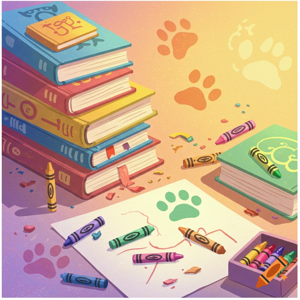 A still life with stacked books, scattered crayons, and paw prints.