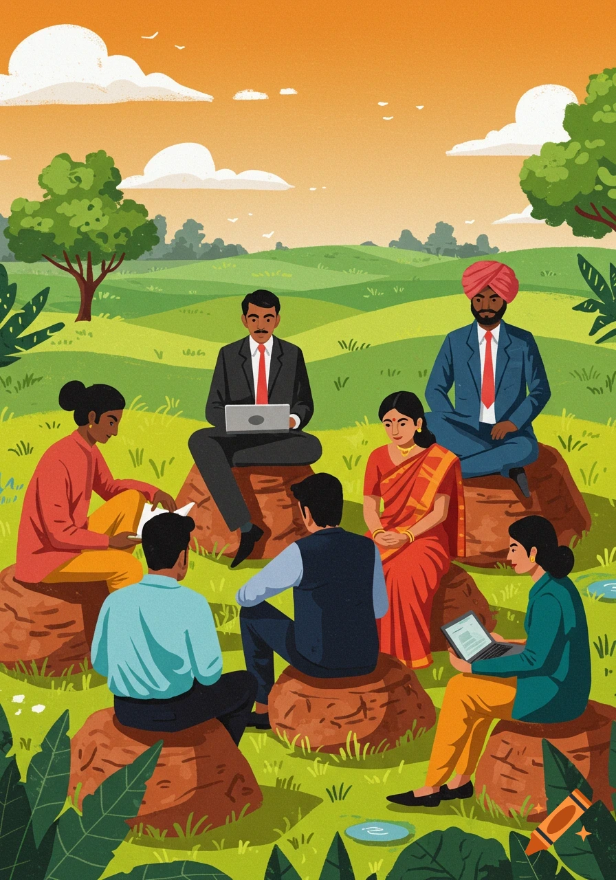 Digital illustration of Indian business people sitting on rocks in a grassy field with laptops.