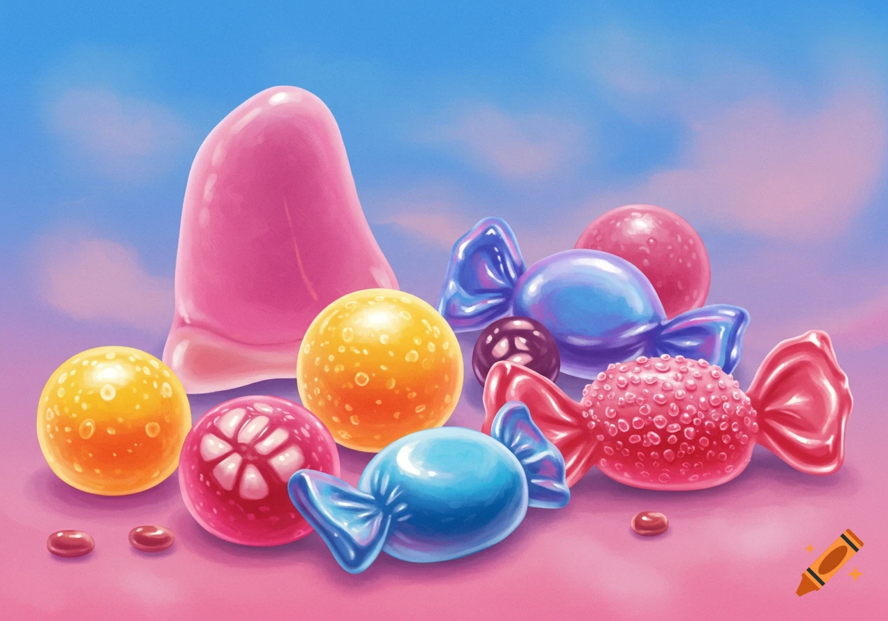 A colorful image of various candies against a cloudy sky background.