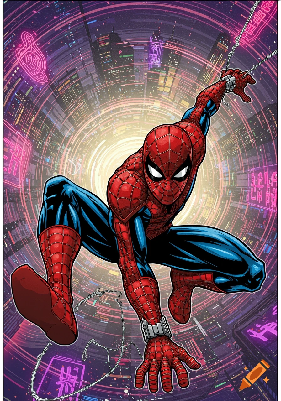 Spider-Man poses in a dynamic crouch against a vibrant, stylized cyberpunk city background.
