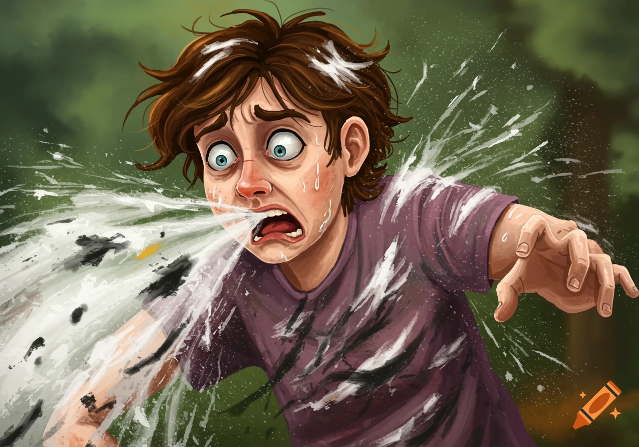 Painting of a person being sprayed in the face with a messy liquid.