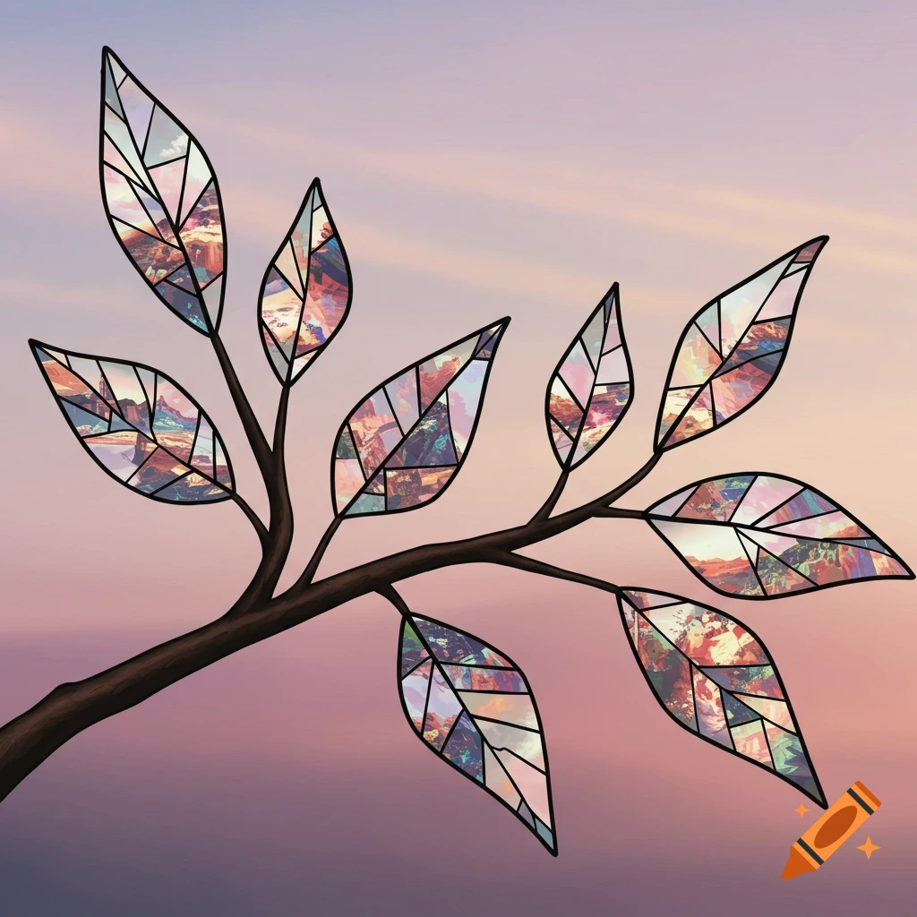 A branch with stylized leaves made of geometric shapes filled with colorful abstract patterns, set against a purple and pink sky.