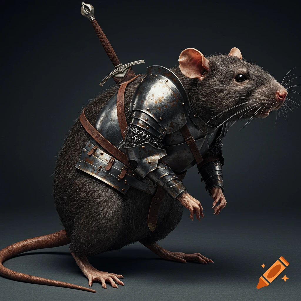 A photorealistic rat wearing detailed fantasy armor and carrying a sword on its back.