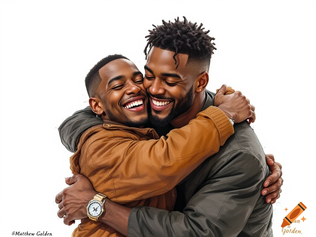 Two men with radiant smiles embracing each other against a white background.