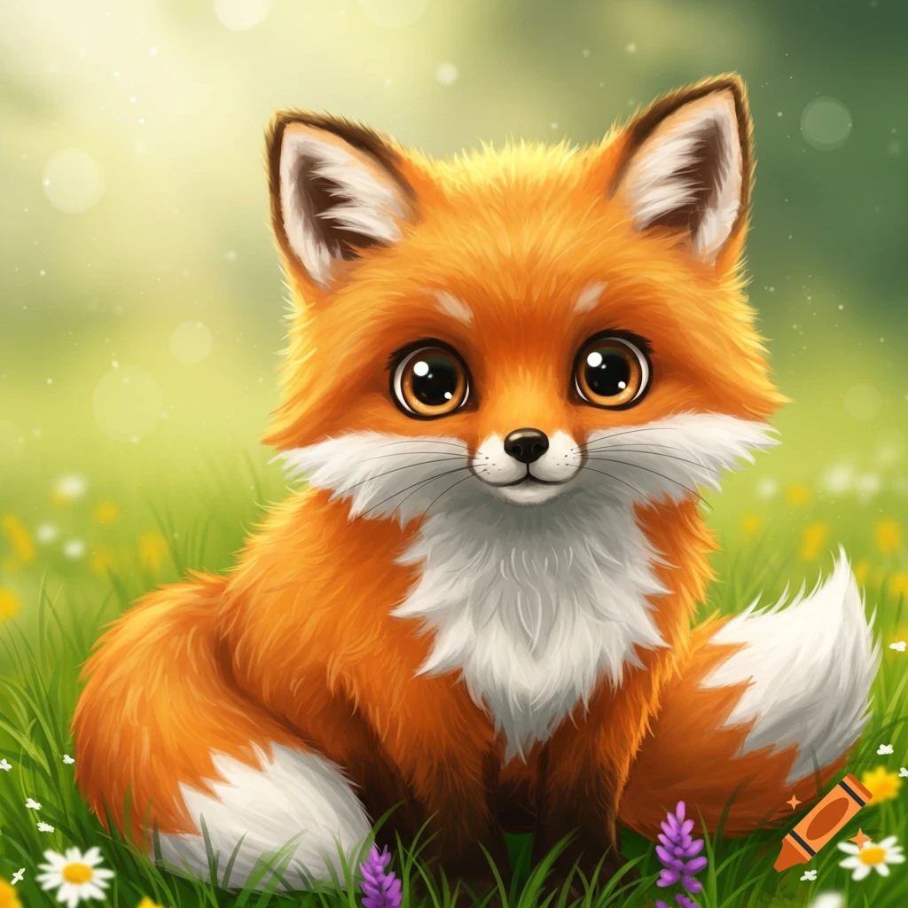 Cute illustrated orange fox sitting in a grassy field with flowers.