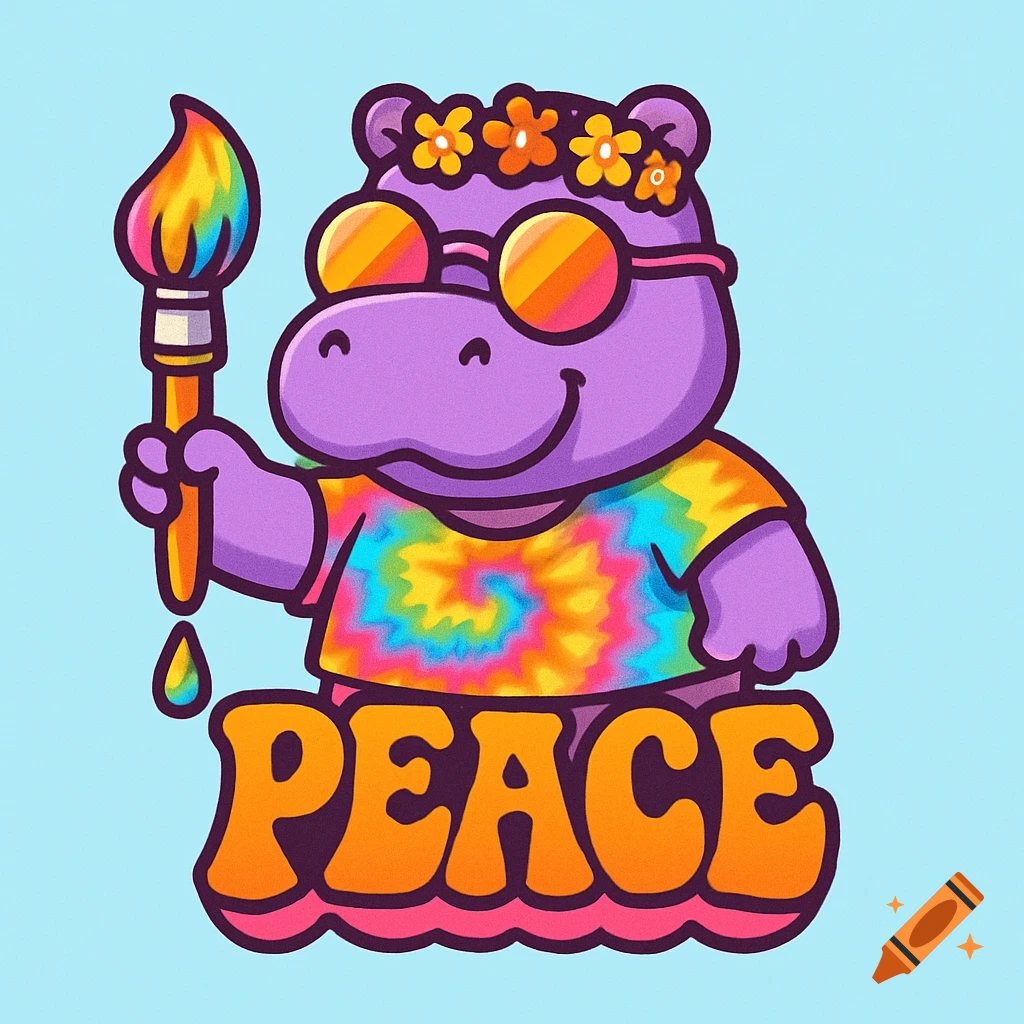 A purple cartoon hippo wears a tie-dye shirt, sunglasses, and flower crown, holding a paintbrush, with the word PEACE.