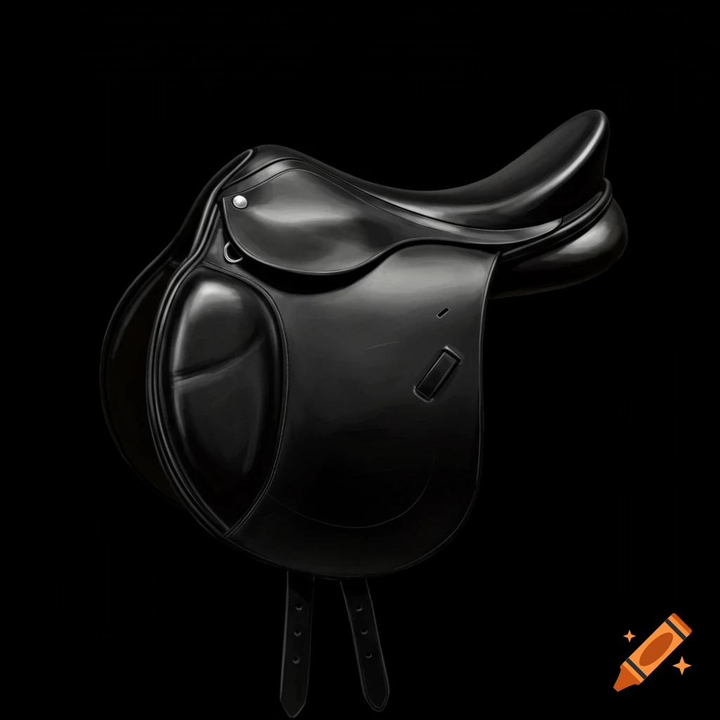 A black English showjumping saddle rests against a black background.