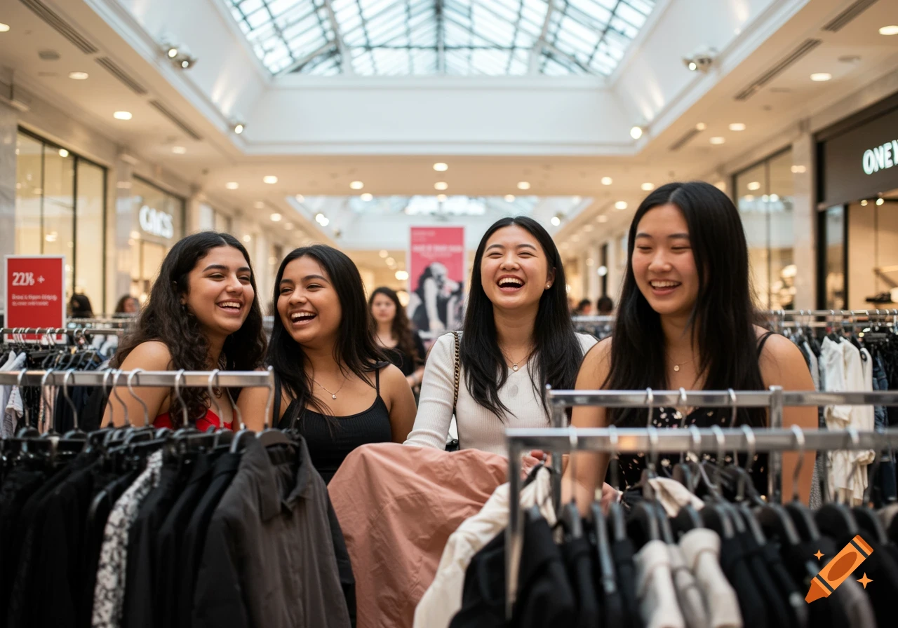 Young women laugh while browsing clothing racks in a bright, modern shopping mall. Photorealistic style.