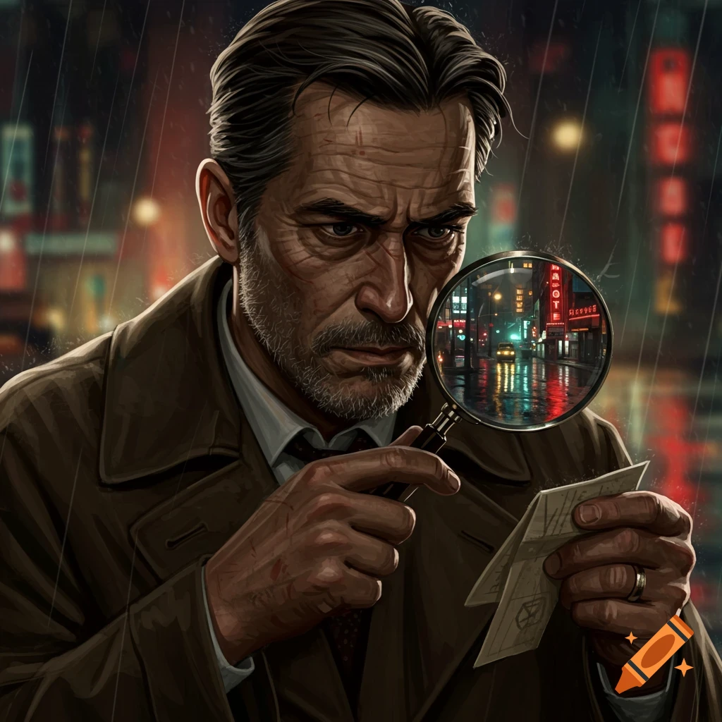 A male detective looking through a magnifying glass at a paper on a rainy city night.