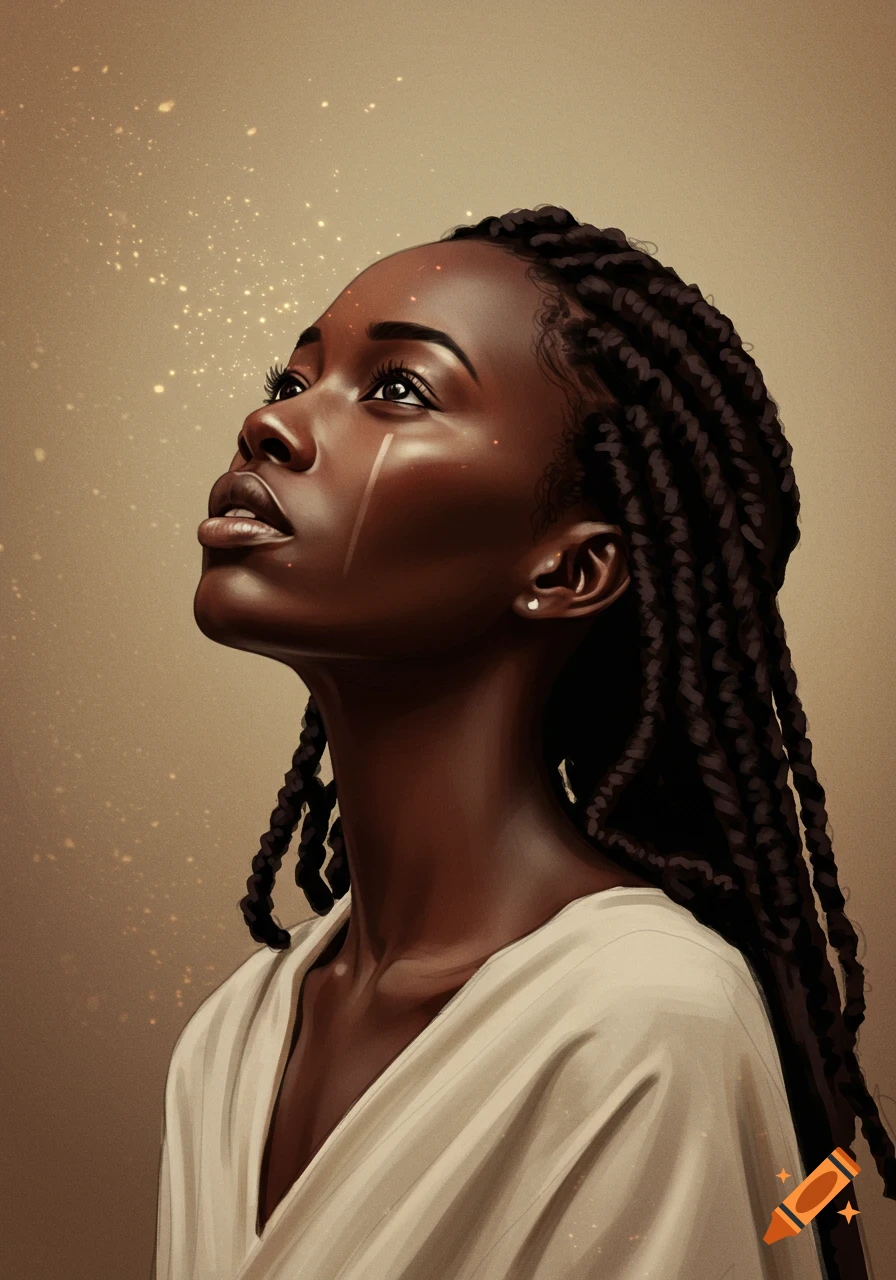 A black woman with braids is looking up.