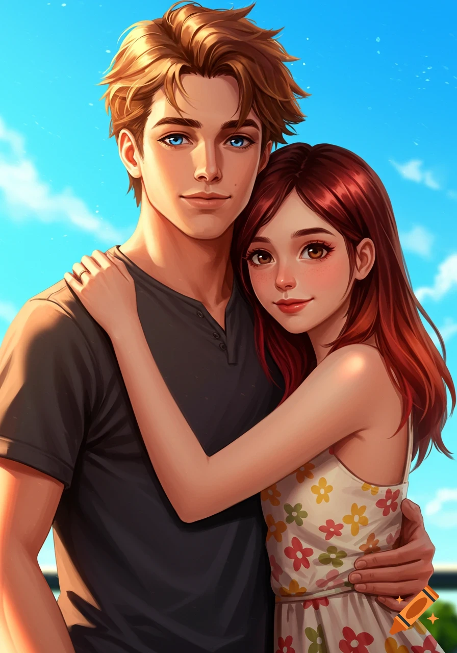 A young couple hugging under a bright blue sky.