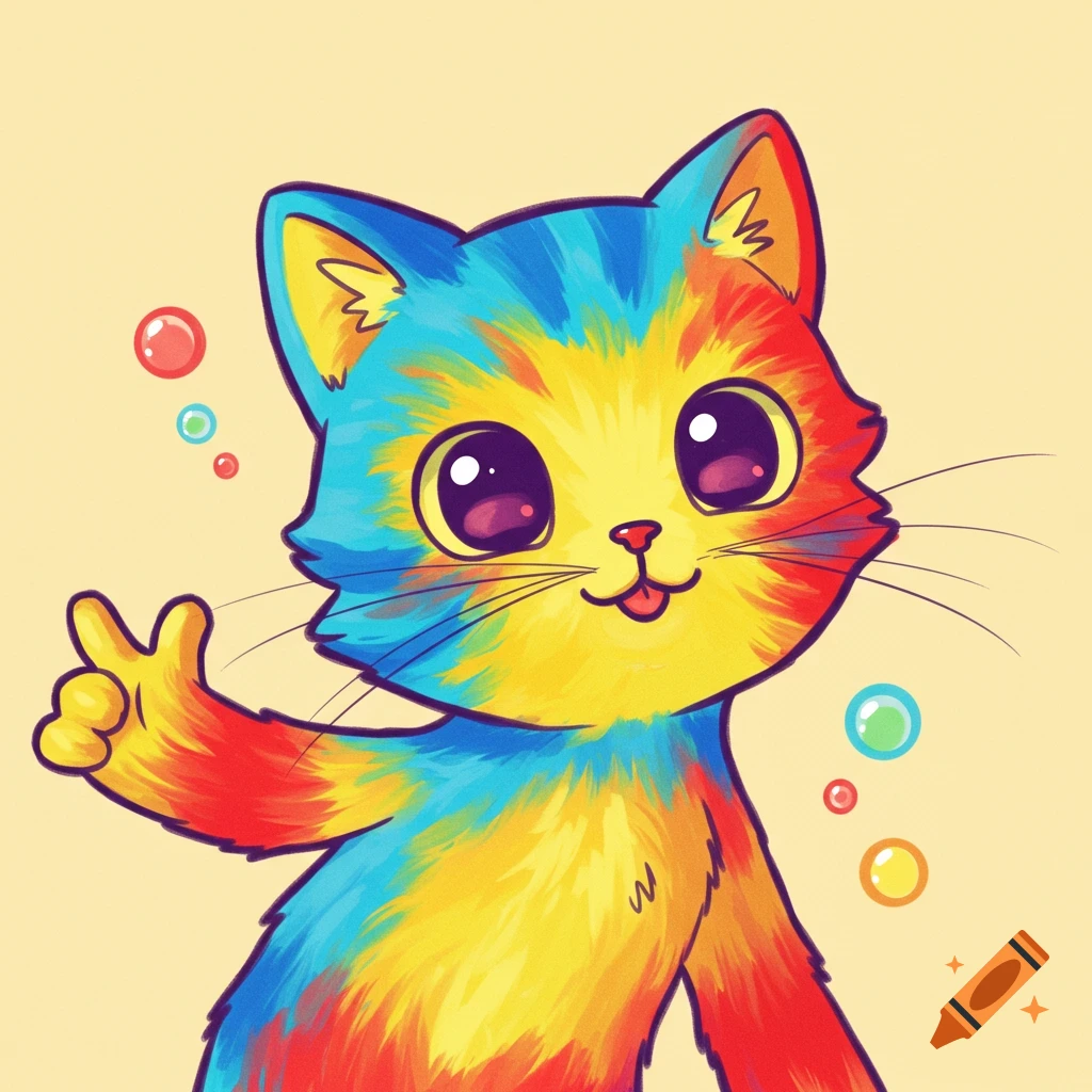 Rainbow-colored cartoon cat with peace sign and bubbles.