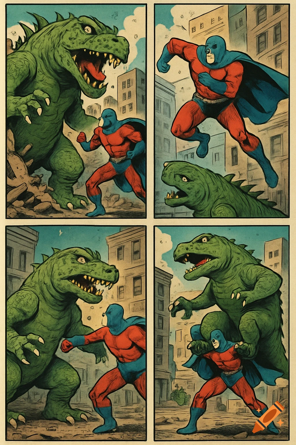 Four-panel comic book illustration of a superhero fighting a giant monster in a city.