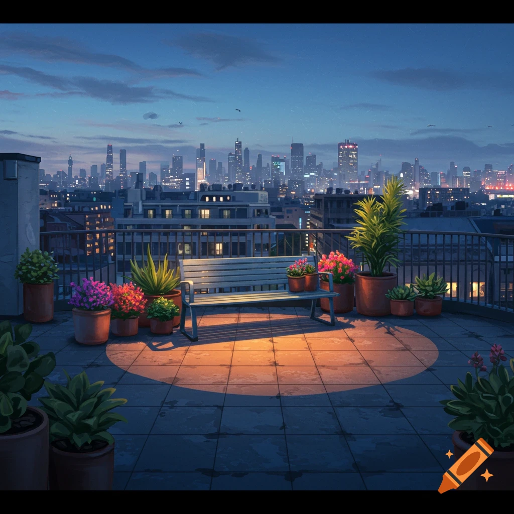 A bench and potted plants are positioned on a rooftop, with a view of a city skyline at dusk.