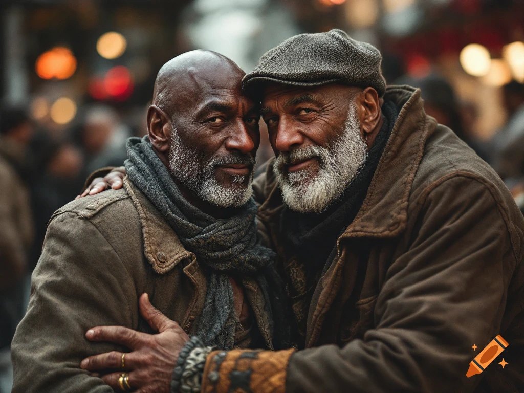 Close-up photorealistic portrait of two older men embracing, wearing warm clothes and scarves, with blurred city lights in the background.