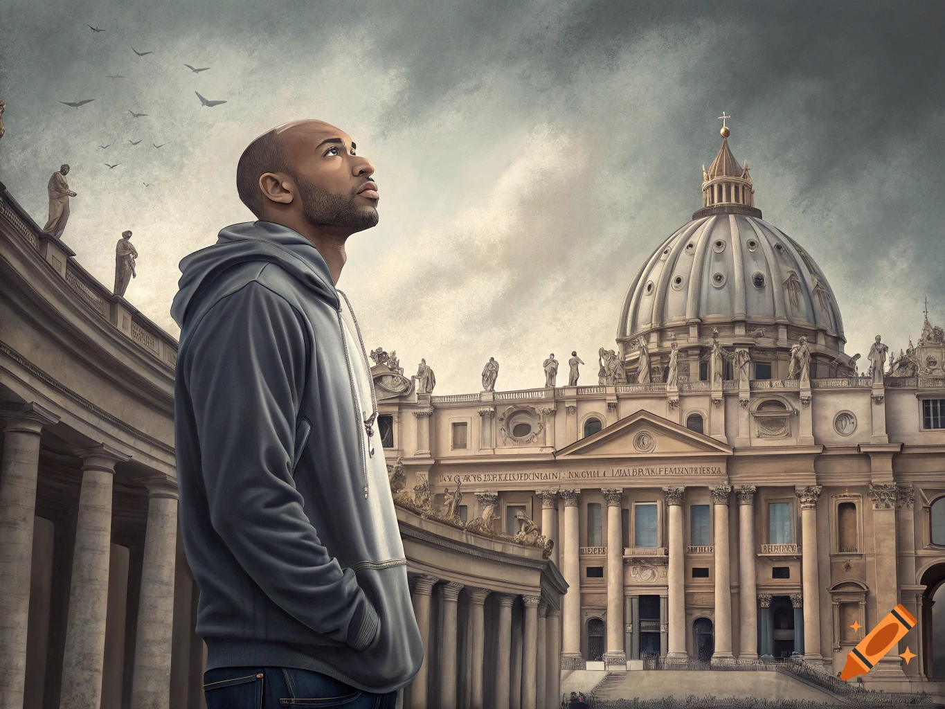 Man in a hoodie looks up at the Vatican building. Illustration.