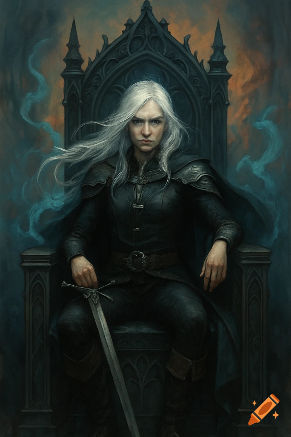 A stern-looking woman with white hair in dark armor sits on an elaborate throne, holding a sword.
