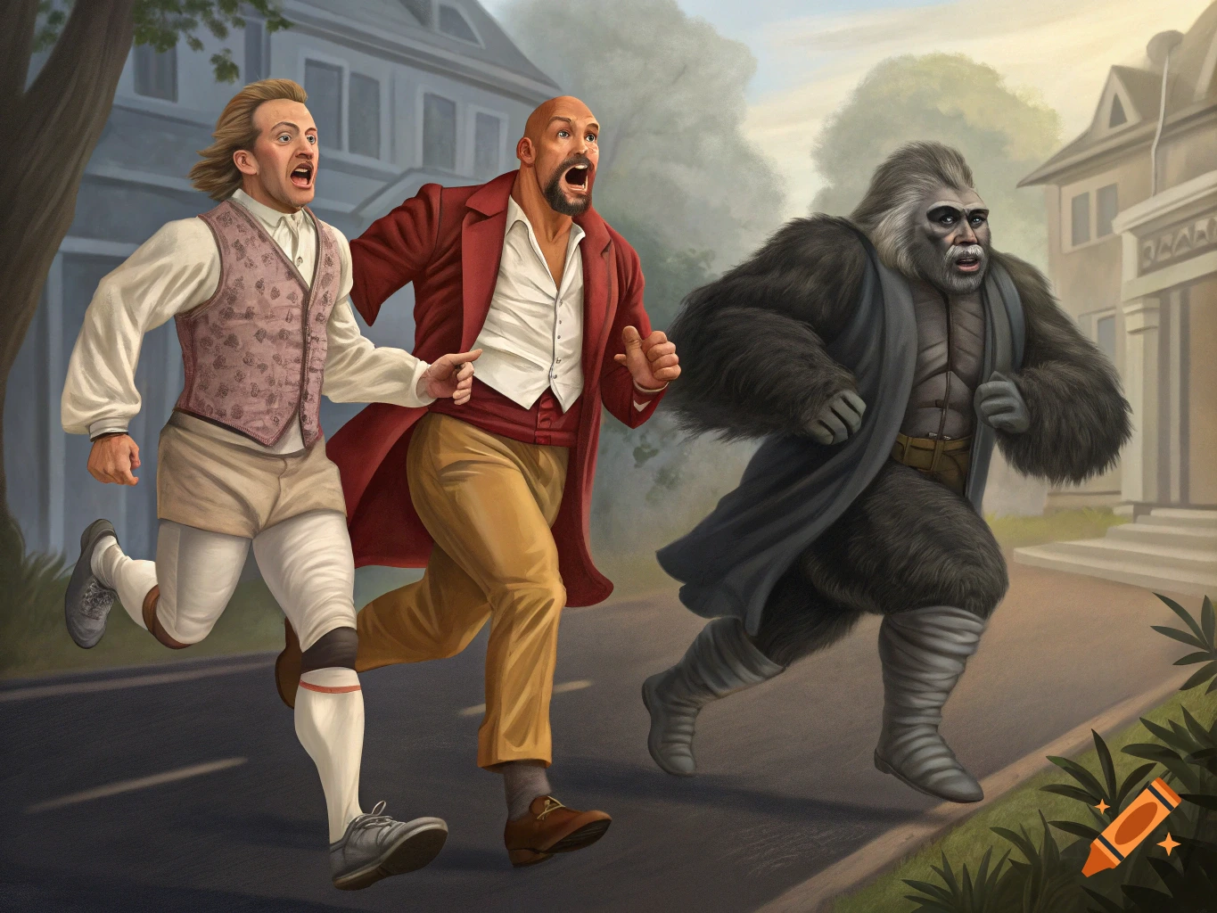 Illustration of two men and a gorilla in period clothing running scared down a street.