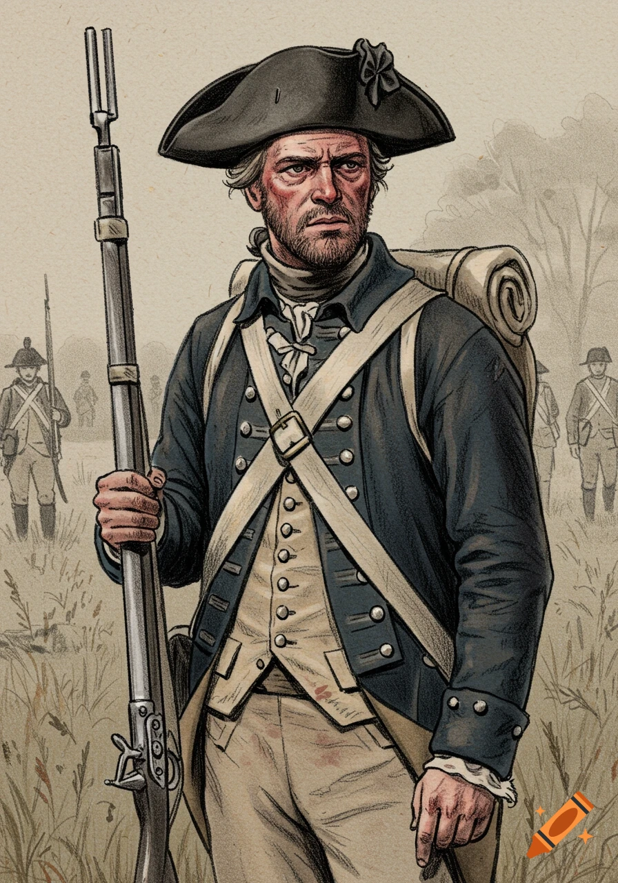 A US Revolutionary War soldier standing in a field holding a rifle, in a pencil drawing style.