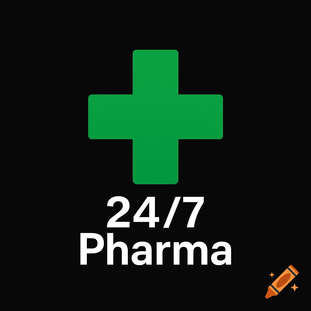 Green pharmacy cross logo with '24/7 Pharma' text on a black background