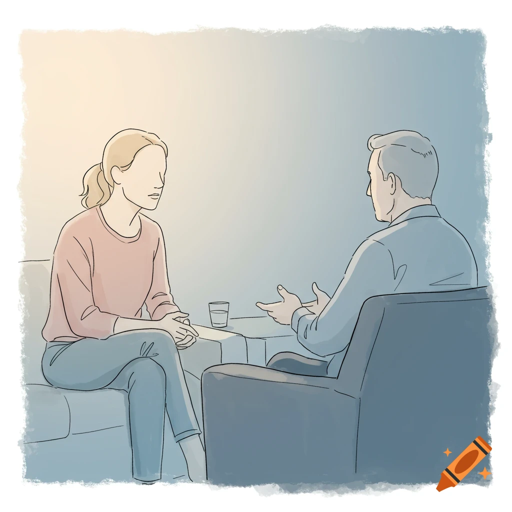 Illustration of two people in conversation during a therapy session