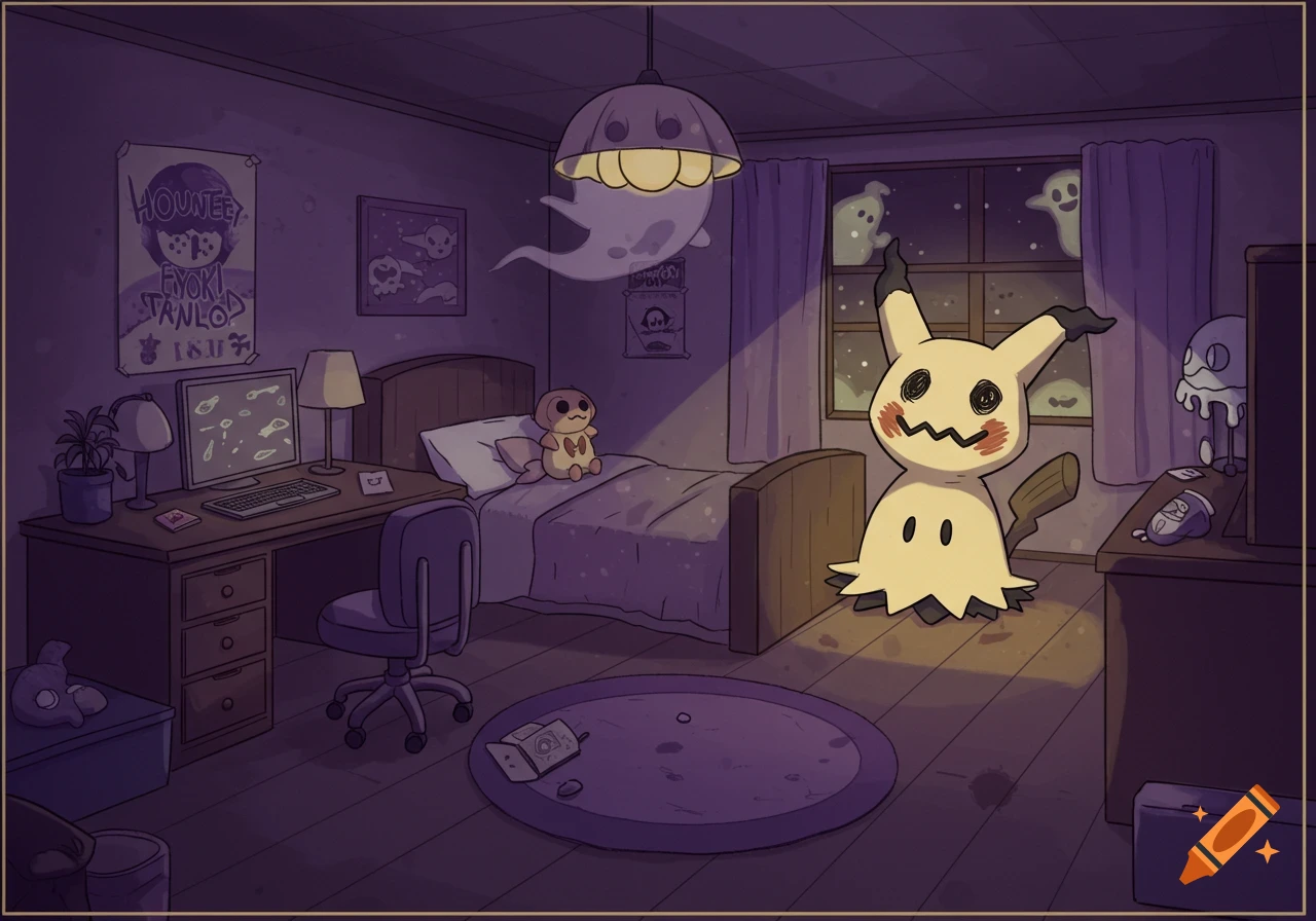 A cartoon bedroom scene with a Mimikyu and ghosts, in muted purple and yellow tones.