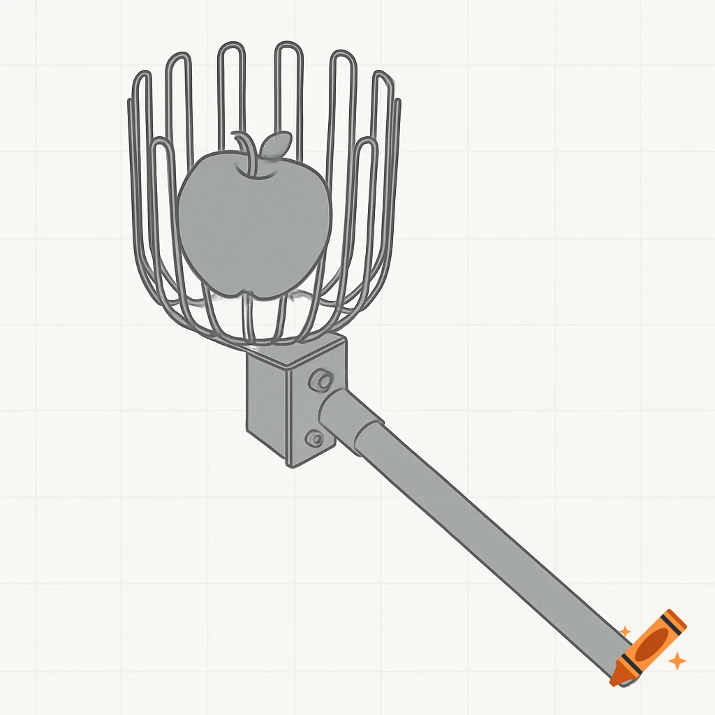 Simple line drawing of an apple picker with an apple inside its basket.