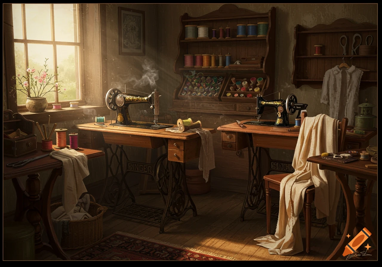 An old sewing room with two vintage sewing machines, threads, and fabric near a window.