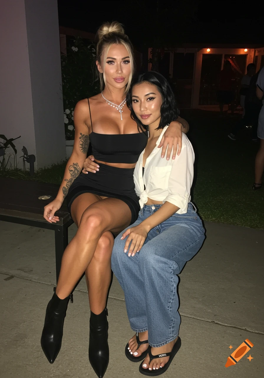 Two women sit on a bench at night, one in a black dress, the other in jeans and a white shirt, hugging and posing for a picture.
