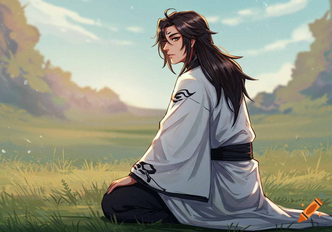A person in traditional clothing kneels in a grassy field, looking back