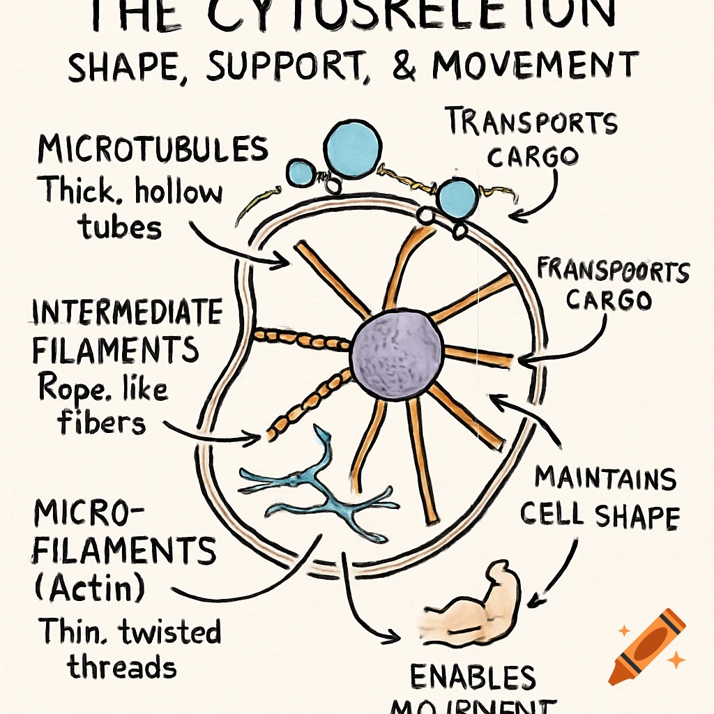 Hand-drawn diagram illustrating the cytoskeleton with labels for microtubules, microfilaments, and intermediate filaments.