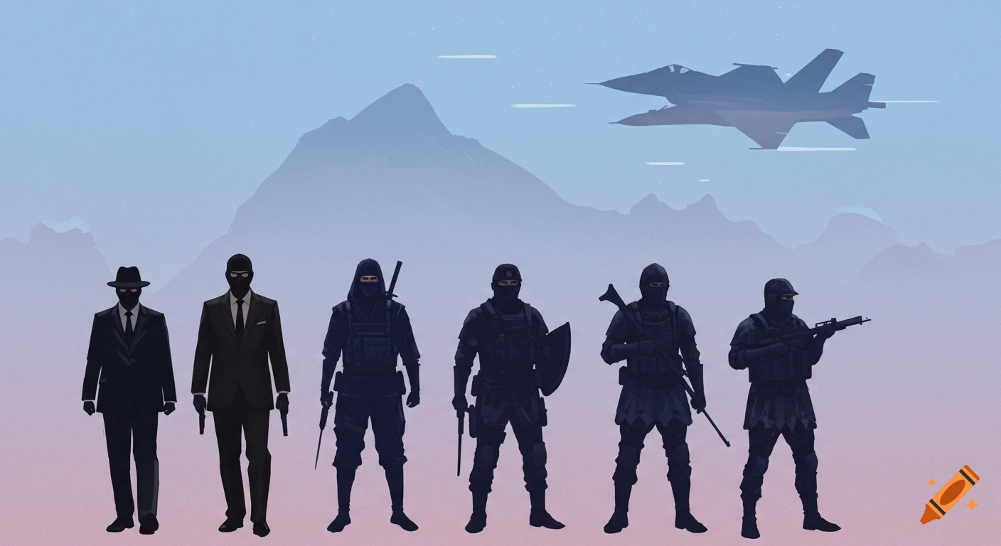 Silhouettes of figures including a spy, ninja, soldiers, and a fighter jet against a gradient sky.
