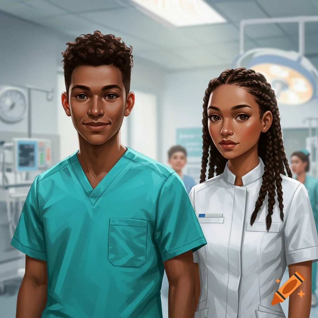 A man and woman in medical uniforms in a hospital