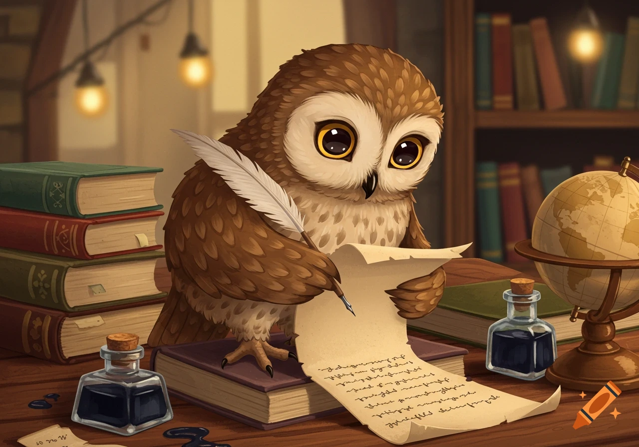 Cute owl writing with a quill pen at a desk filled with books and a globe