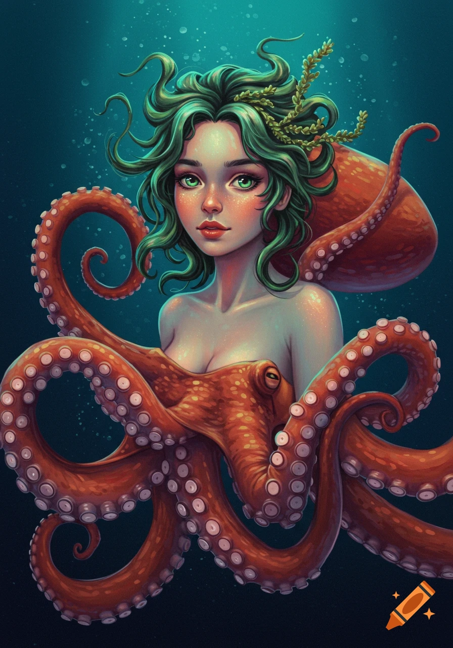 A creature that is part human girl with green hair and part octopus underwater.