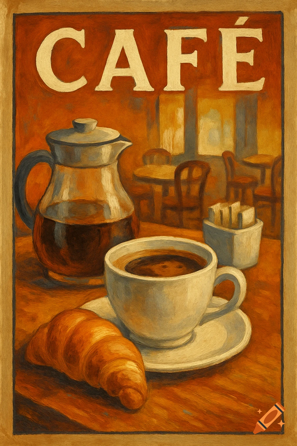 Painting of a coffee pot, cup, croissant, and sugar cubes in a cafe, with the word 'CAFÉ' at the top.
